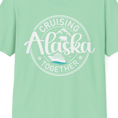 Alaska Cruise Adventure Retro Badge Shirt T-Shirt – Mint Green – Alaska Cruise Shirts Close Up