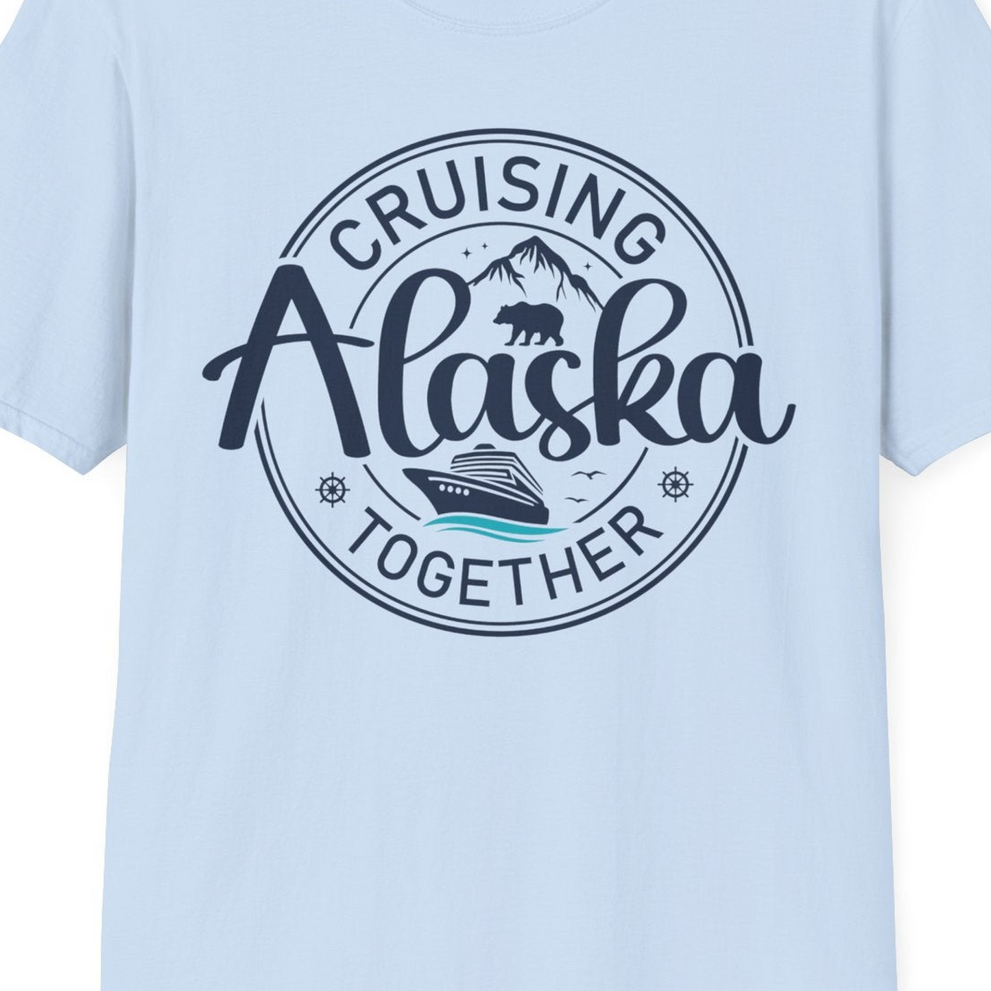 Alaska Cruise Adventure Retro Badge Shirt T-Shirt – Light Blue – Alaska Cruise Shirts Close Up