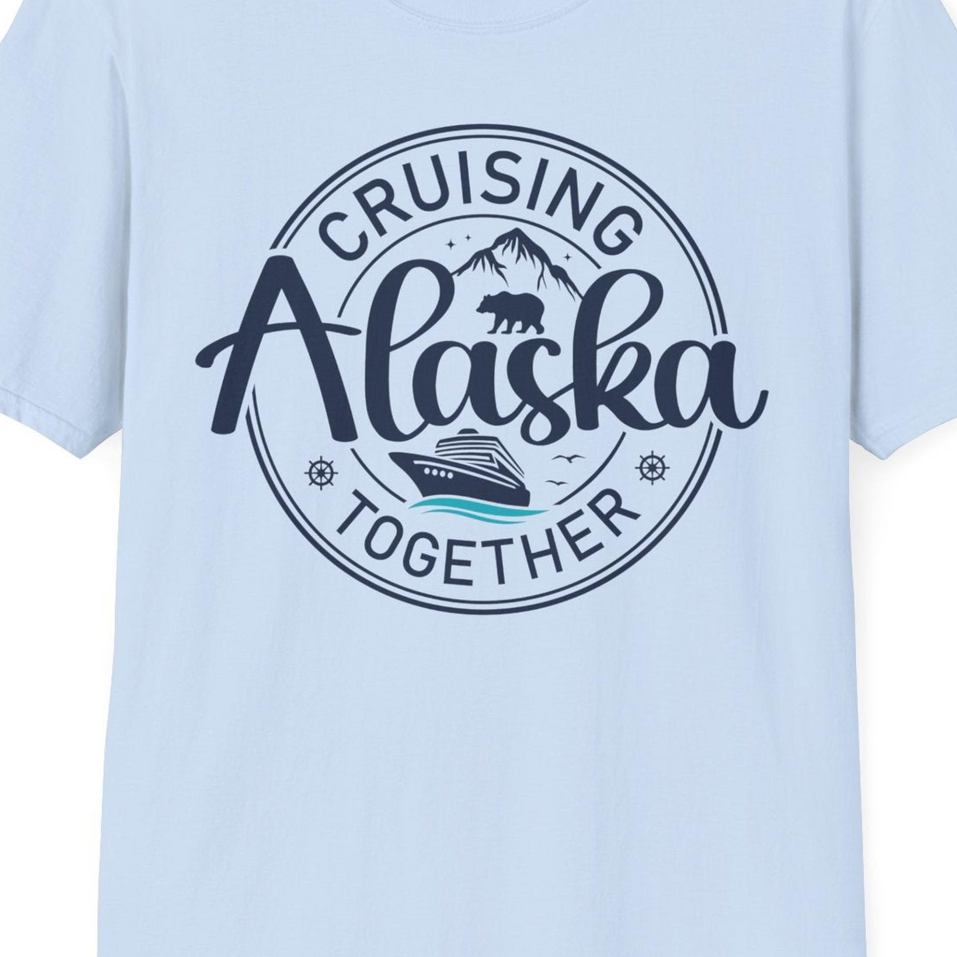 Alaska Cruise Adventure Retro Badge Shirt T-Shirt – Light Blue – Alaska Cruise Shirts Close Up