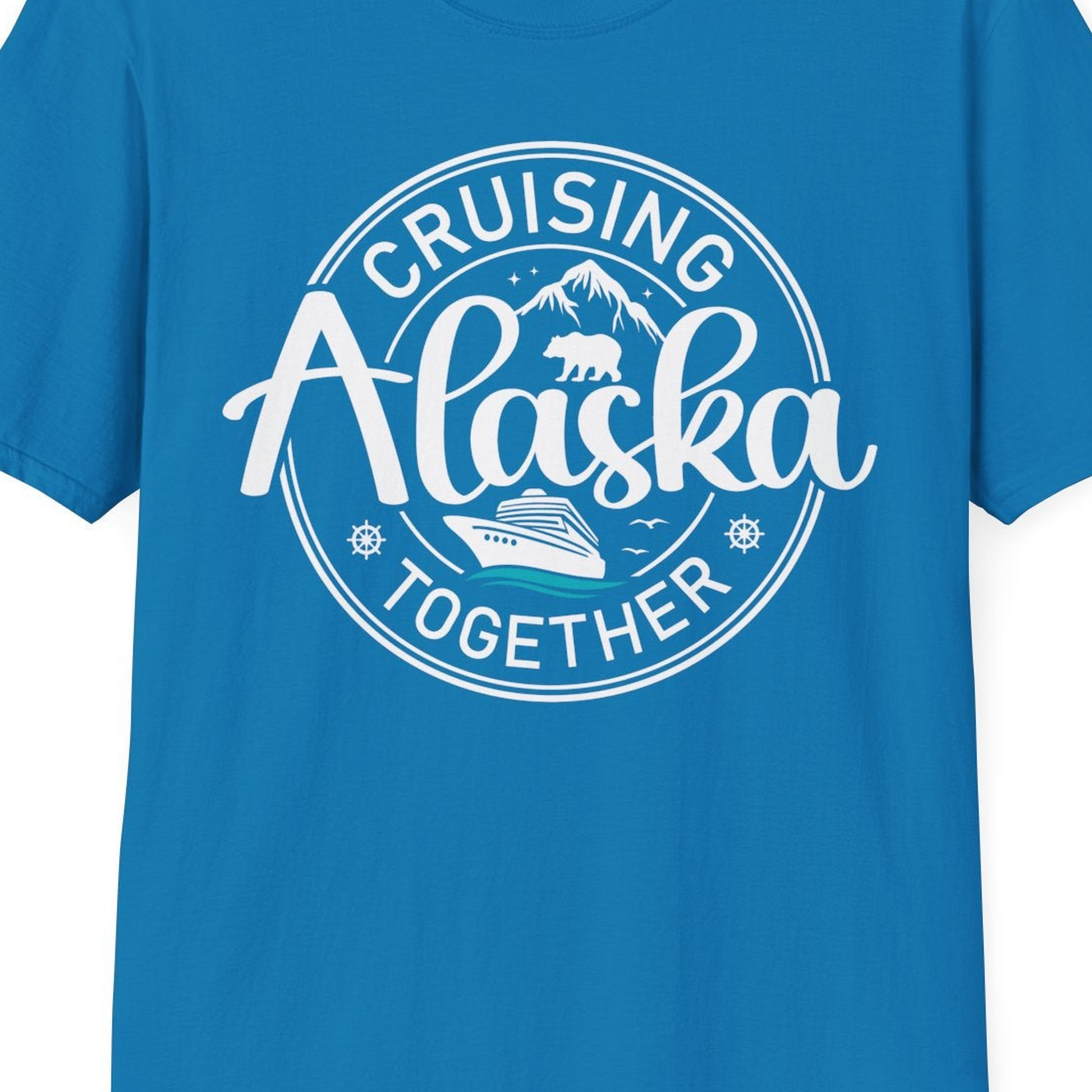 Alaska Cruise Adventure Retro Badge Shirt T-Shirt – Sapphire – Alaska Cruise Shirts Close Up