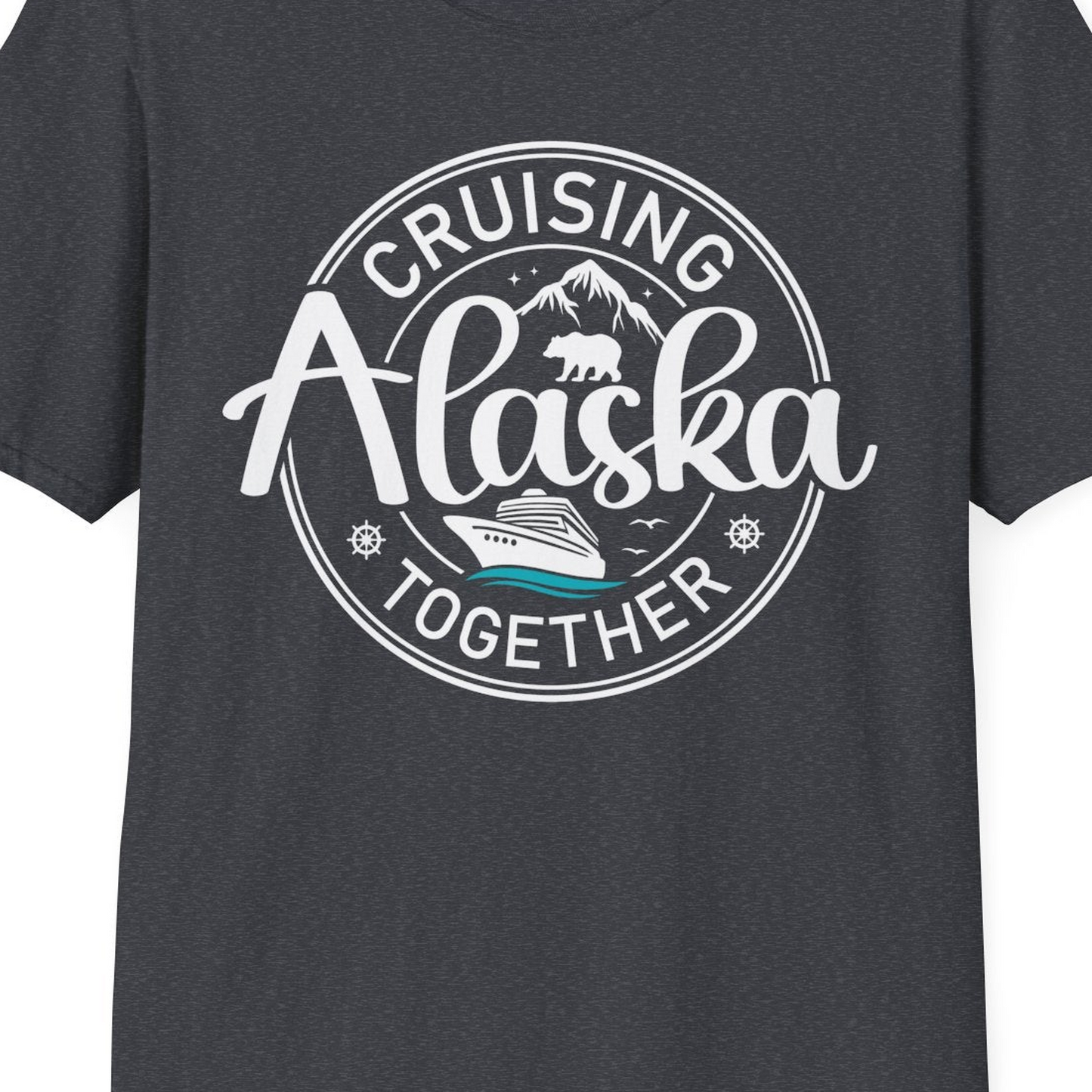 Alaska Cruise Adventure Retro Badge Shirt T-Shirt – Dark Heather Grey – Alaska Cruise Shirts Close Up