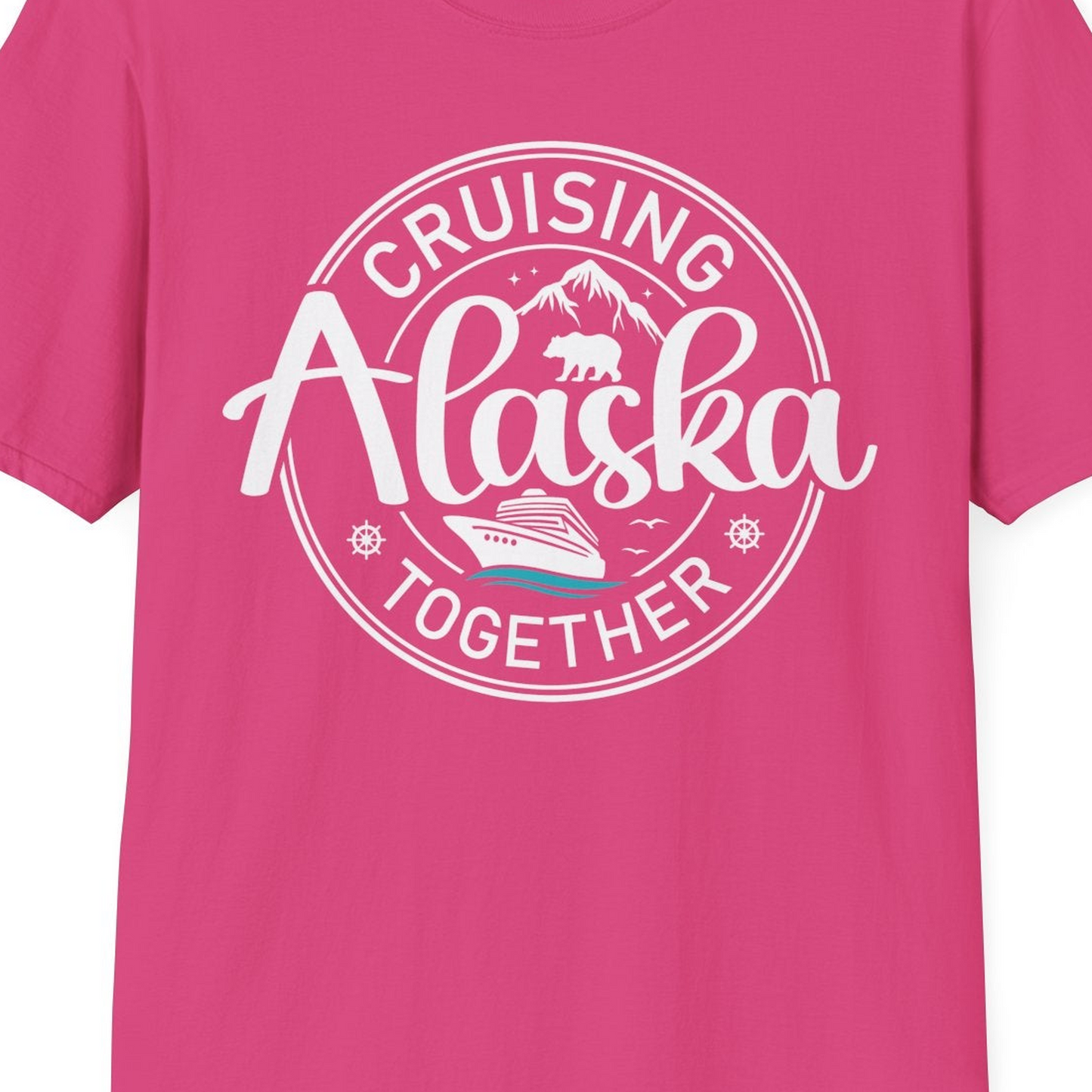 Alaska Cruise Adventure Retro Badge Shirt T-Shirt – Heliconia – Alaska Cruise Shirts Close Up