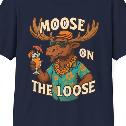 Moose On The Loose Funny Tropical Cartoon Vacation Shirt — T-Shirt T-Shirt – Navy – Alaska Cruise Shirts Close Up