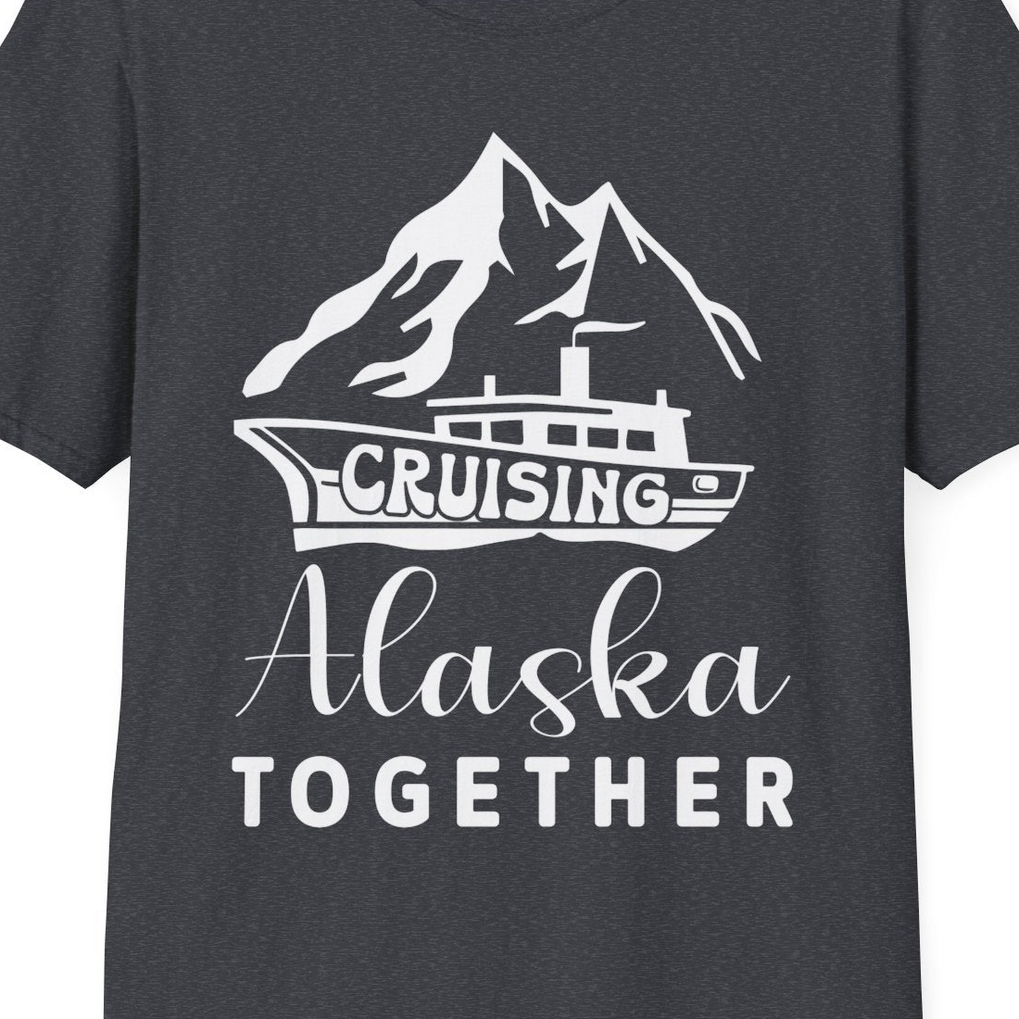 Cruising Alaska Together Mountains and Ship Family Cruise Shirt — T-Shirt T-Shirt – Dark Heather Grey – Alaska Cruise Shirts Close Up