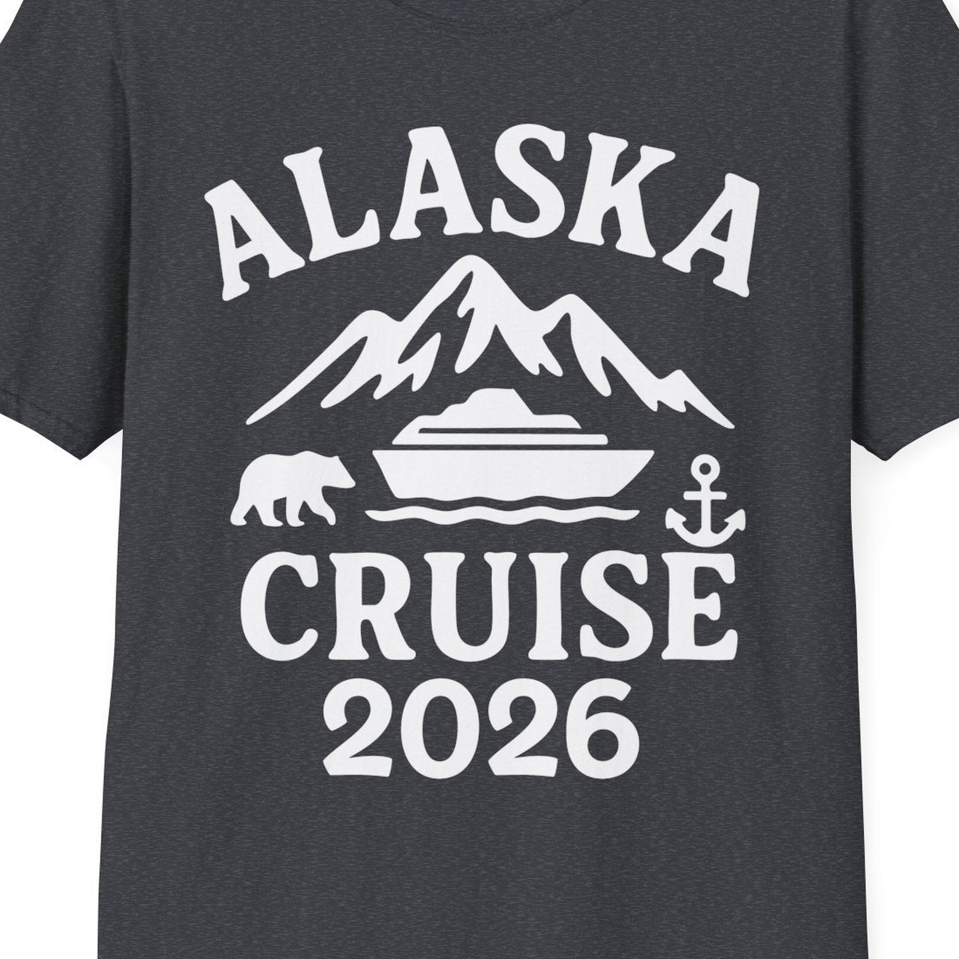 Alaska Cruise 2026 Shirt T-Shirt – Dark Heather Grey – Alaska Cruise Shirts Close Up