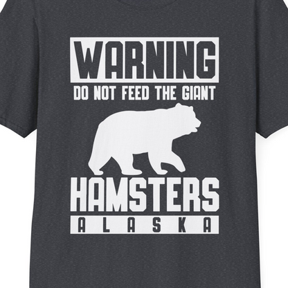 Funny Alaska Bear Giant Hamster Warning Sign Shirt for Travelers — T-Shirt T-Shirt – Dark Heather Grey – Alaska Cruise Shirts Close Up