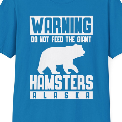 Funny Alaska Bear Giant Hamster Warning Sign Shirt for Travelers — T-Shirt T-Shirt – Sapphire – Alaska Cruise Shirts Close Up