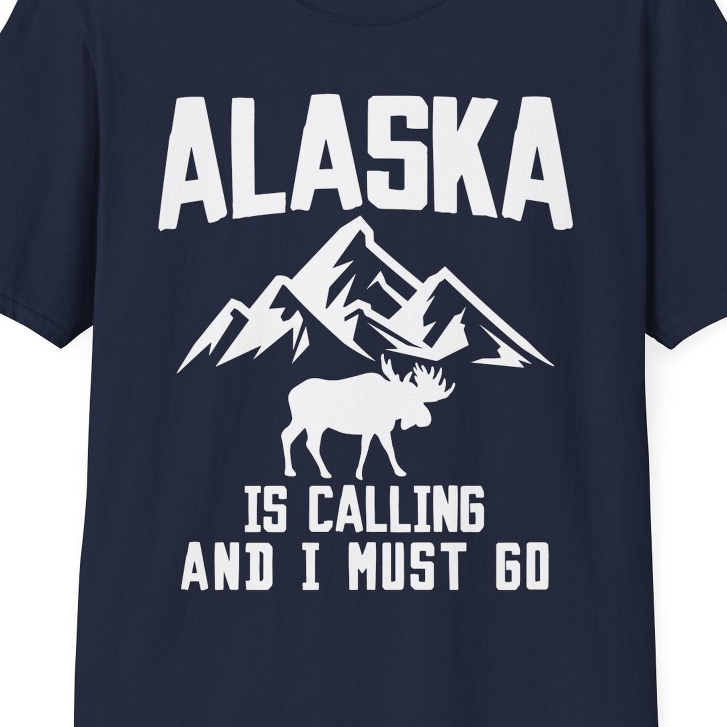 Alaska Is Calling Moose Mountains Adventure Silhouette Nature Shirt — T-Shirt T-Shirt – Navy – Alaska Cruise Shirts Close Up