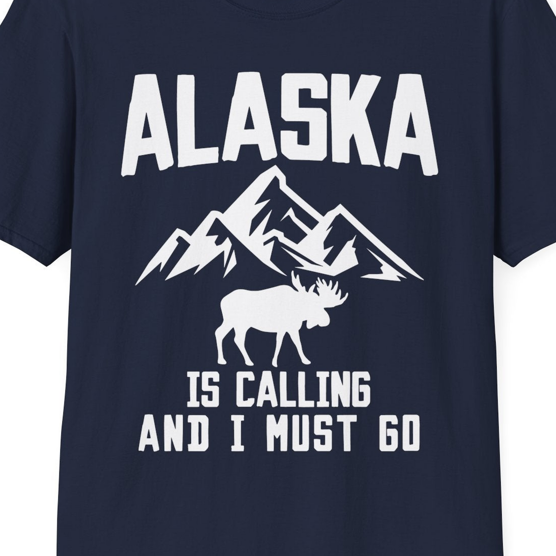 Alaska Is Calling Moose Mountains Adventure Silhouette Nature Shirt — T-Shirt T-Shirt – Navy – Alaska Cruise Shirts Close Up