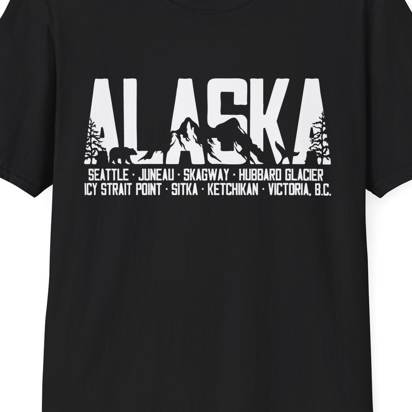 Alaska Cruise Silhouette Wildlife Destinations Shirt Seattle Juneau — T-Shirt T-Shirt – Black – Alaska Cruise Shirts Close Up