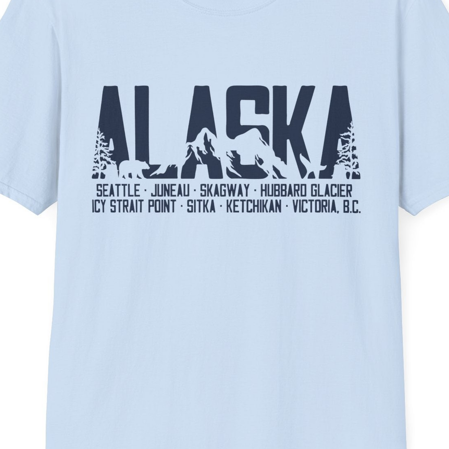 Alaska Cruise Silhouette Wildlife Destinations Shirt Seattle Juneau — T-Shirt T-Shirt – Light Blue – Alaska Cruise Shirts Close Up