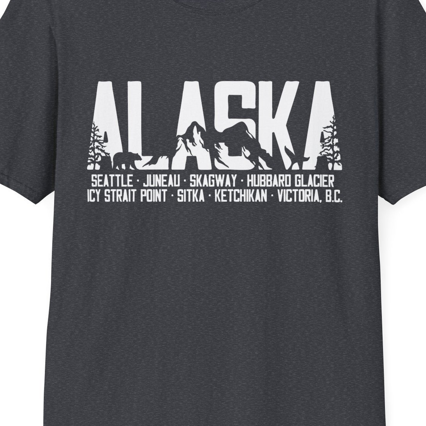 Alaska Cruise Silhouette Wildlife Destinations Shirt Seattle Juneau — T-Shirt T-Shirt – Dark Heather Grey – Alaska Cruise Shirts Close Up