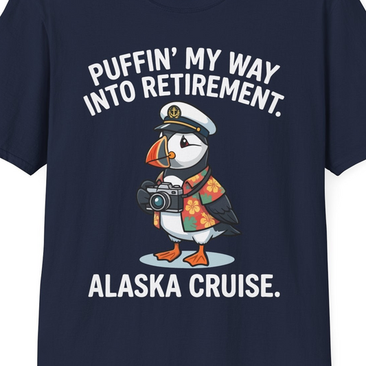 Puffin Cartoon Retirement Alaska Cruise Shirt T-Shirt – Navy – Alaska Cruise Shirts Close Up
