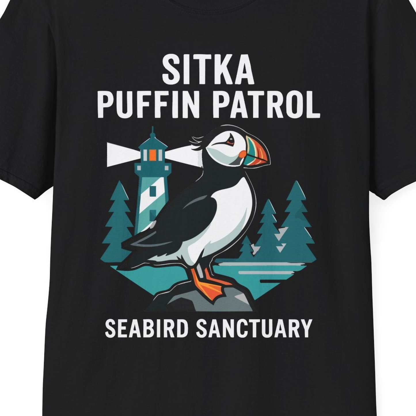 Sitka Puffin Bird Sanctuary Shirt T-Shirt – Black – Alaska Cruise Shirts Close Up