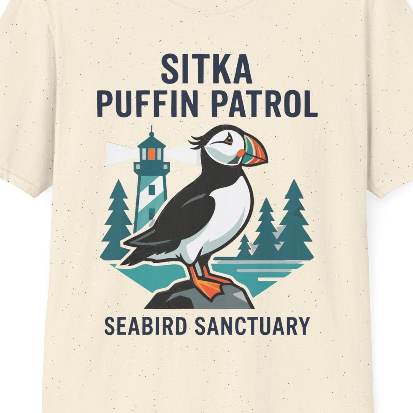 Sitka Puffin Bird Sanctuary Shirt T-Shirt – Natural – Alaska Cruise Shirts Close Up