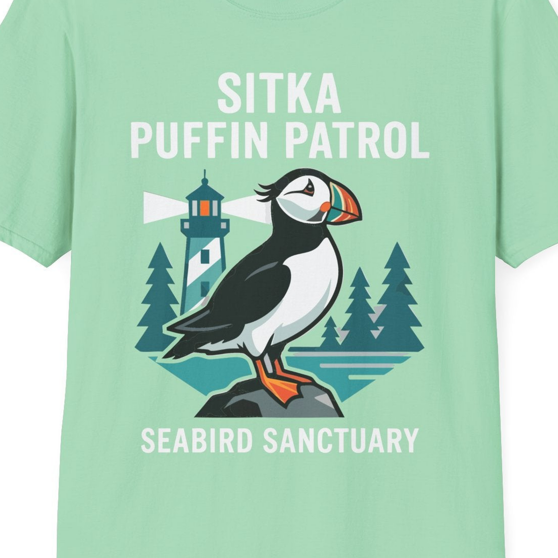 Sitka Puffin Bird Sanctuary Shirt T-Shirt – Mint Green – Alaska Cruise Shirts Close Up