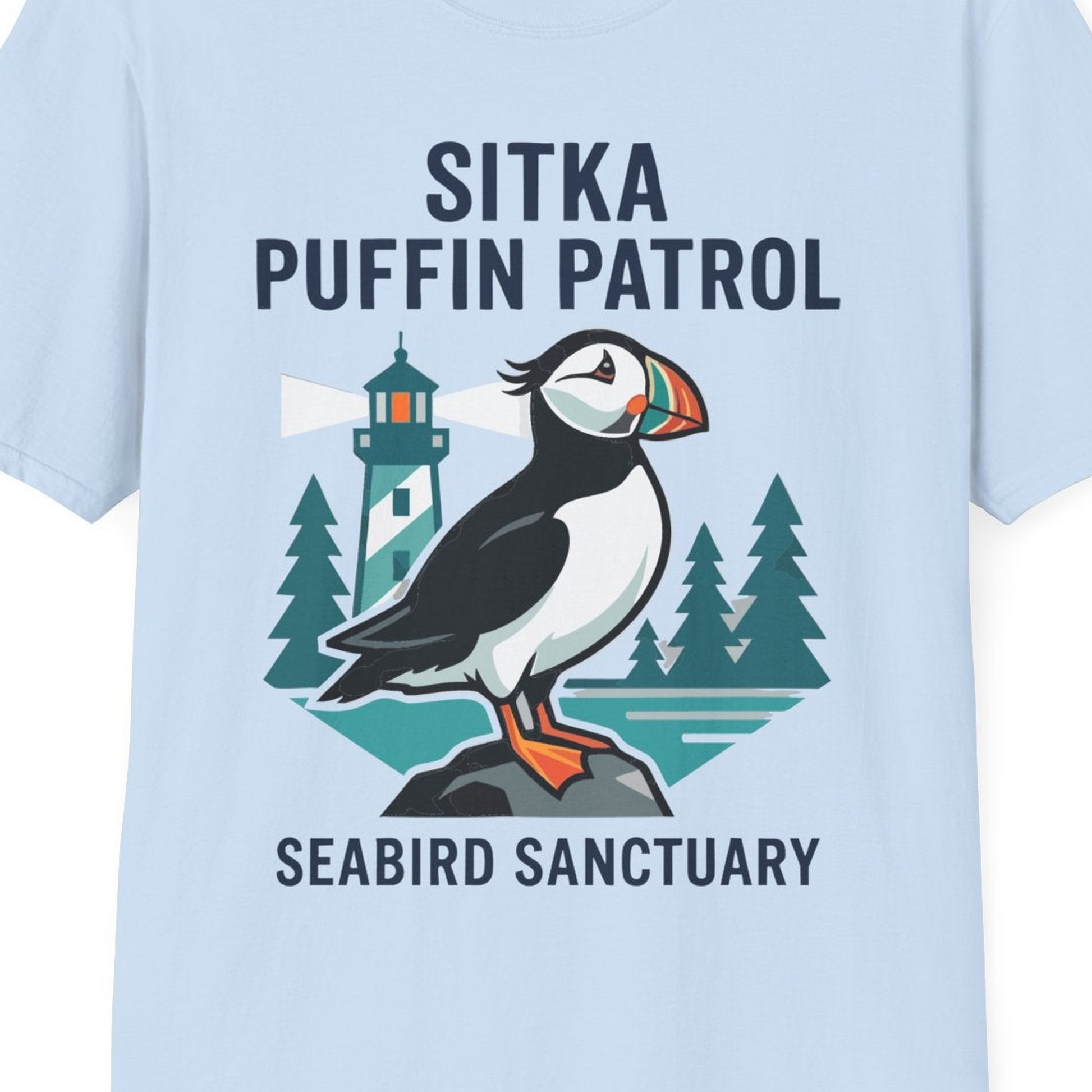 Sitka Puffin Bird Sanctuary Shirt T-Shirt – Light Blue – Alaska Cruise Shirts Close Up