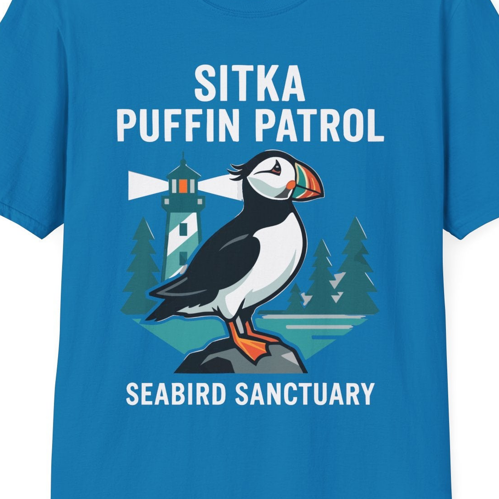 Sitka Puffin Bird Sanctuary Shirt T-Shirt – Sapphire – Alaska Cruise Shirts Close Up