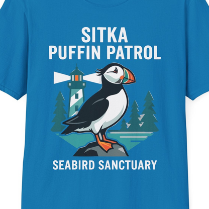 Sitka Puffin Bird Sanctuary Shirt T-Shirt – Sapphire – Alaska Cruise Shirts Close Up
