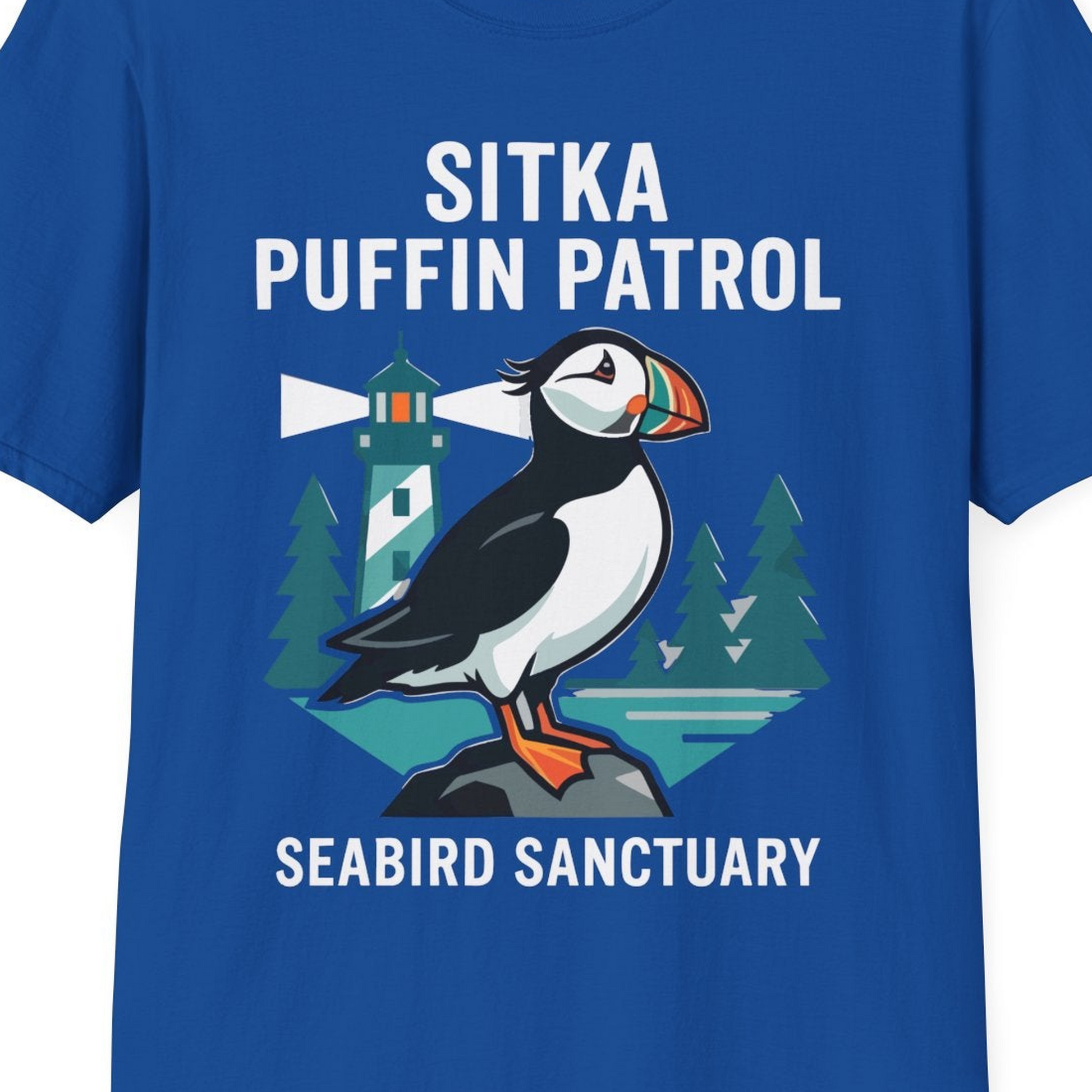 Sitka Puffin Bird Sanctuary Shirt T-Shirt – Royal – Alaska Cruise Shirts Close Up
