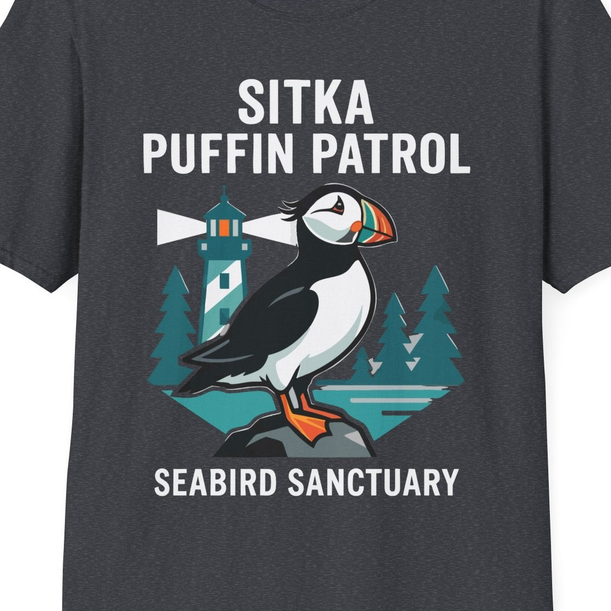 Sitka Puffin Bird Sanctuary Shirt T-Shirt – Dark Heather Grey – Alaska Cruise Shirts Close Up