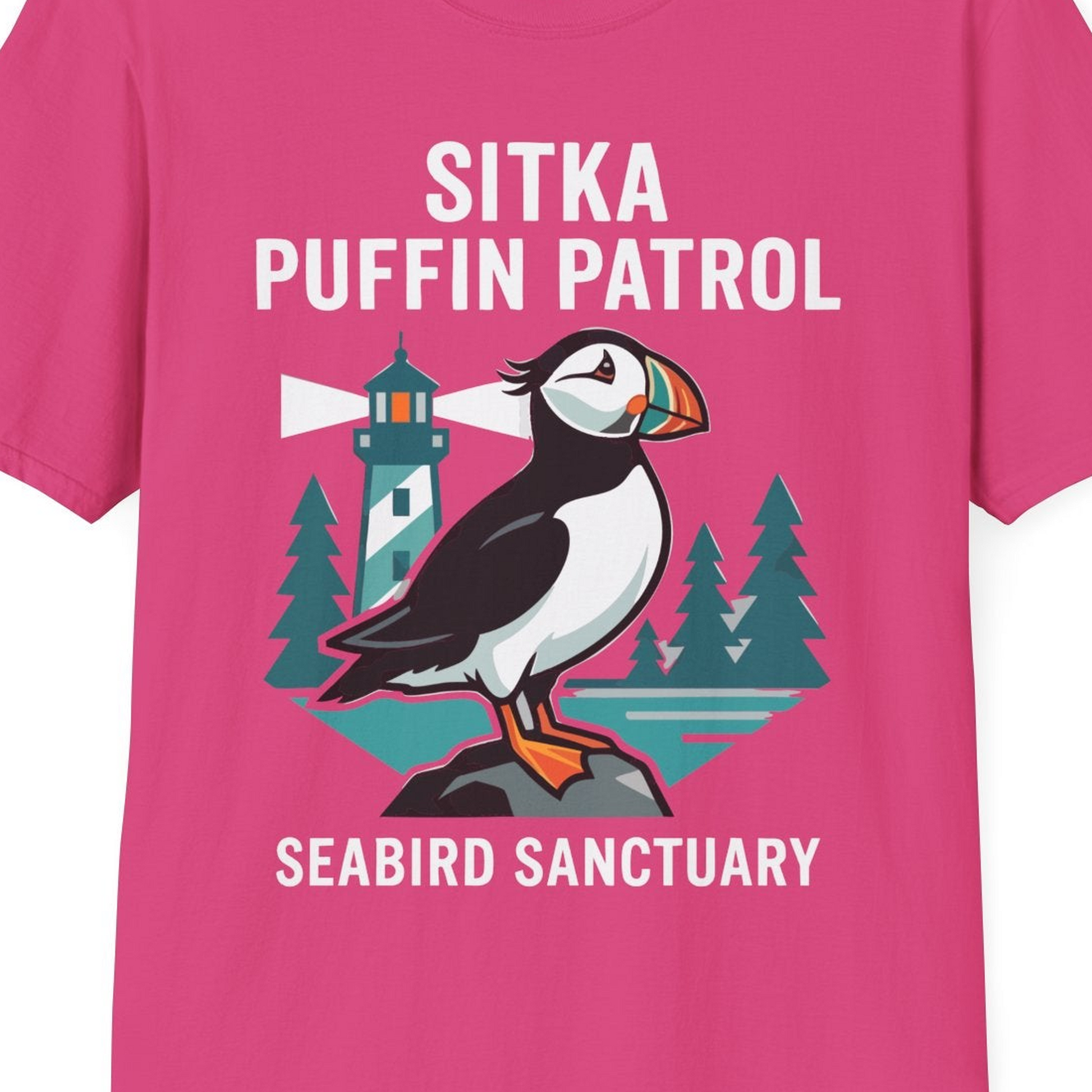 Sitka Puffin Bird Sanctuary Shirt T-Shirt – Heliconia – Alaska Cruise Shirts Close Up