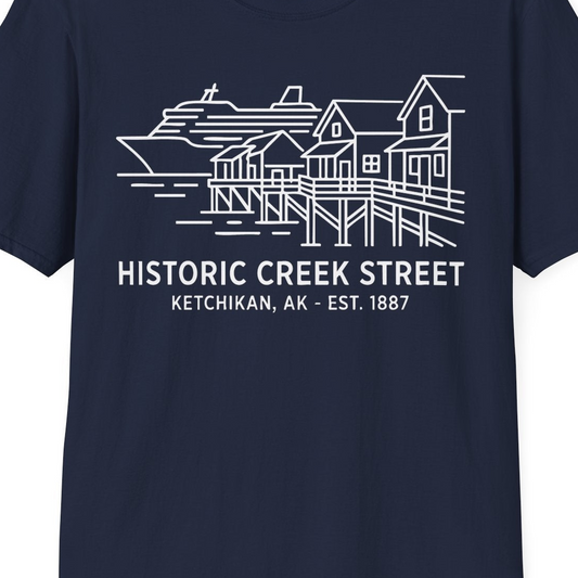 Ketchikan Creek Street Alaska Waterfront and Cruise Ship Shirt — T-Shirt T-Shirt – Navy – Alaska Cruise Shirts Close Up
