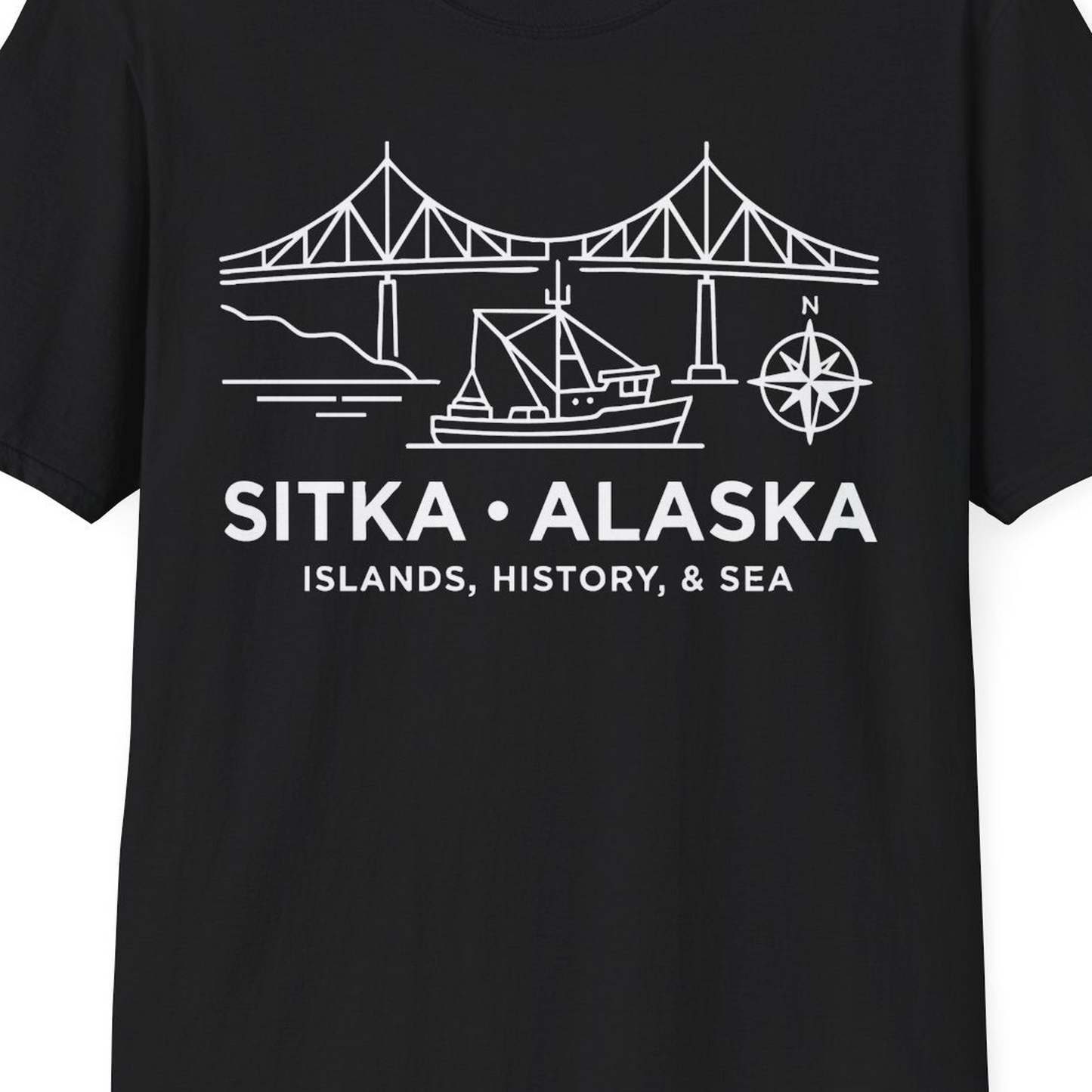 Sitka Alaska Nautical Line Art Shirt T-Shirt – Black – Alaska Cruise Shirts Close Up