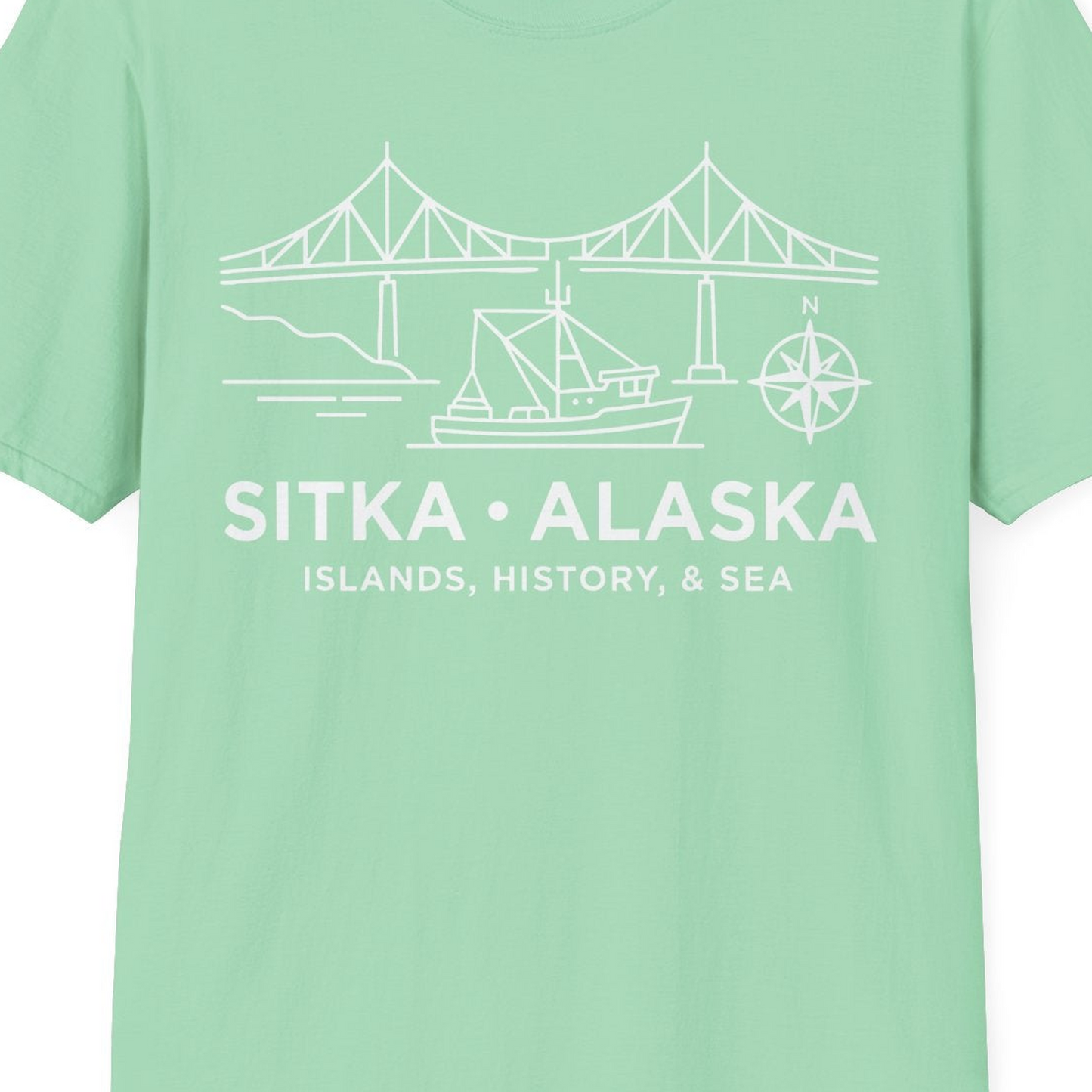 Sitka Alaska Nautical Line Art Shirt T-Shirt – Mint Green – Alaska Cruise Shirts Close Up