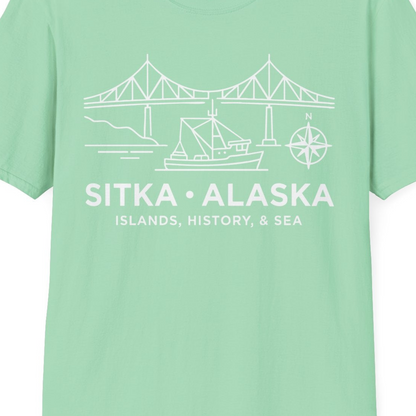 Sitka Alaska Nautical Line Art Shirt T-Shirt – Mint Green – Alaska Cruise Shirts Close Up