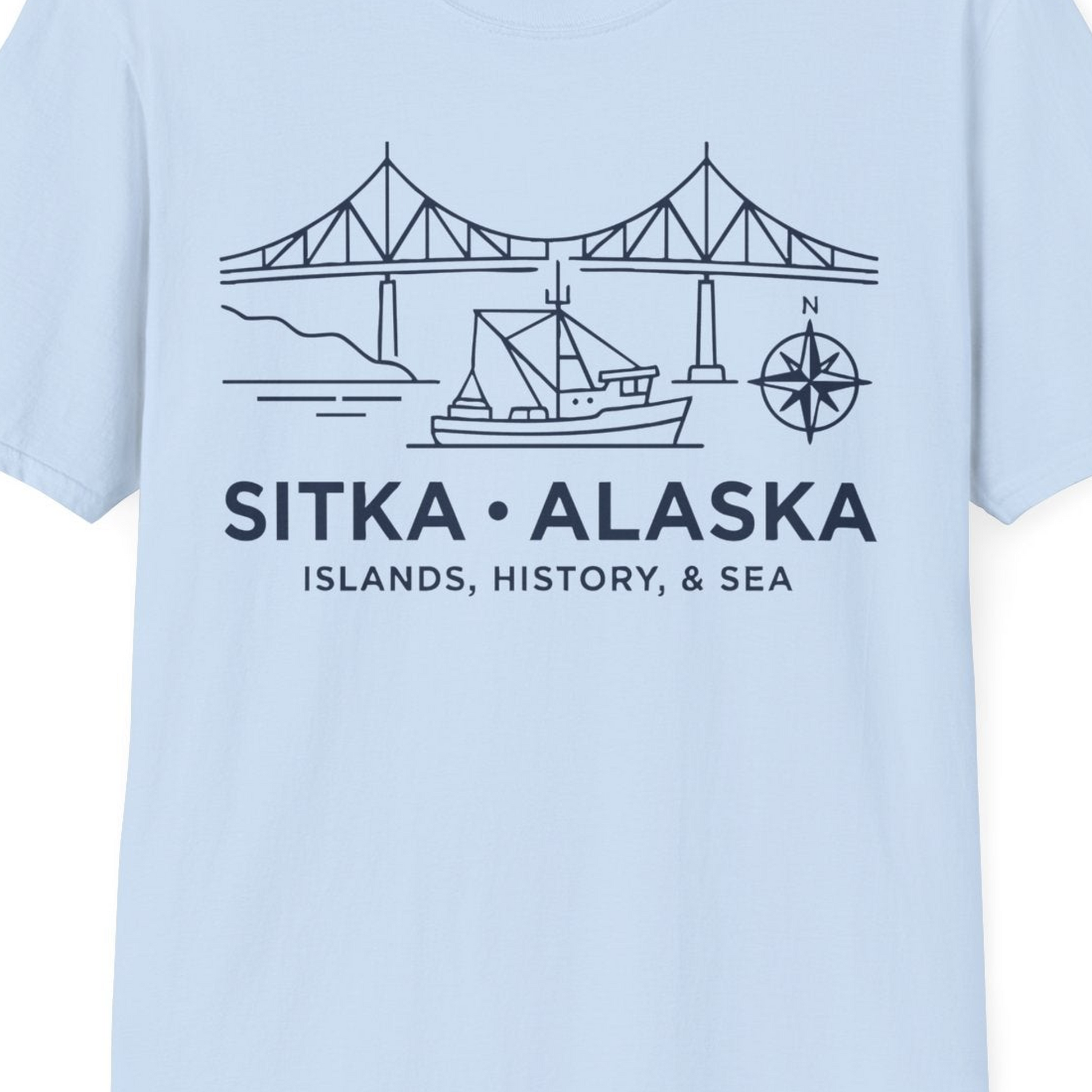 Sitka Alaska Nautical Line Art Shirt T-Shirt – Light Blue – Alaska Cruise Shirts Close Up