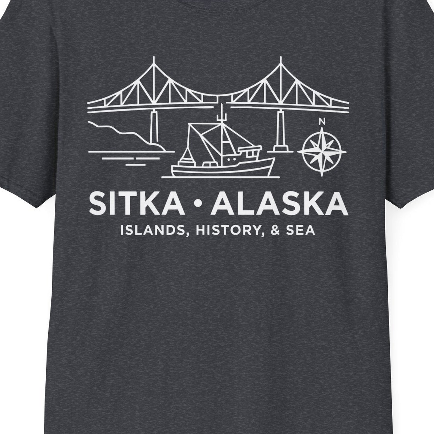 Sitka Alaska Nautical Line Art Shirt T-Shirt – Dark Heather Grey – Alaska Cruise Shirts Close Up
