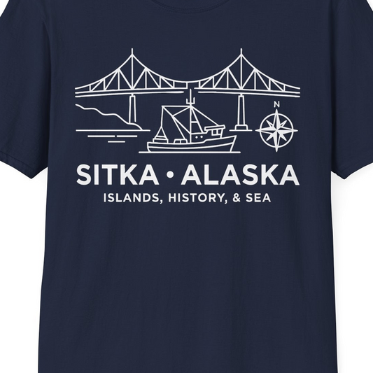 Sitka Alaska Nautical Line Art Shirt T-Shirt – Navy – Alaska Cruise Shirts Close Up