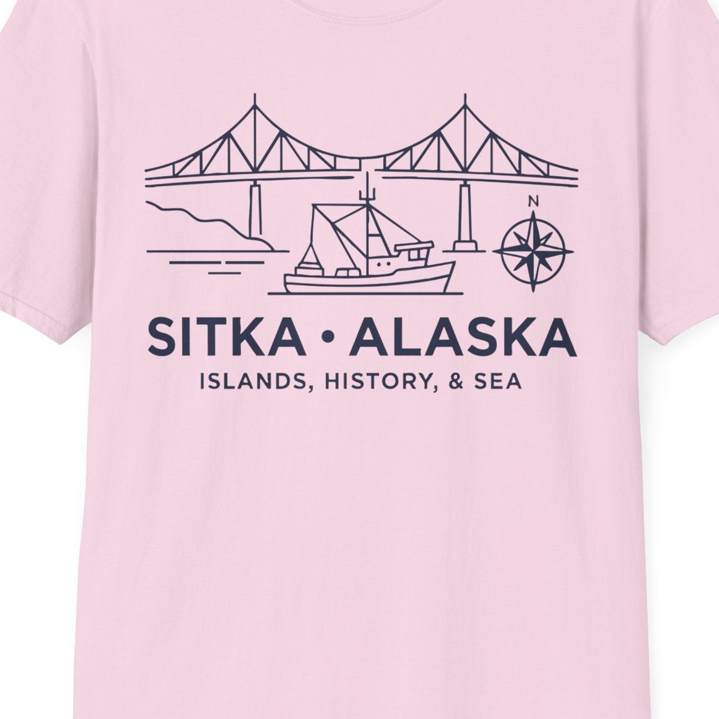 Sitka Alaska Nautical Line Art Shirt T-Shirt – Light Pink – Alaska Cruise Shirts Close Up