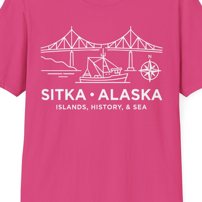 Sitka Alaska Nautical Line Art Shirt T-Shirt – Heliconia – Alaska Cruise Shirts Close Up