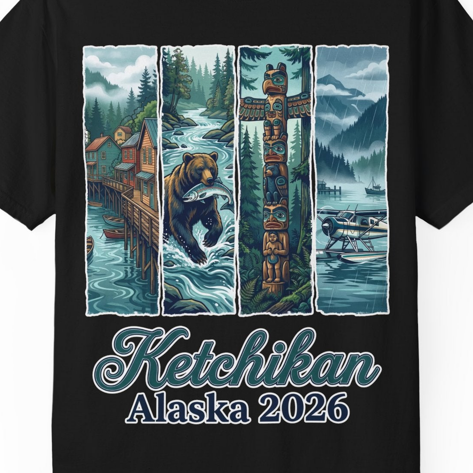 Ketchikan Alaska 2026 Scenic Nature and Totem Pole Art T-Shirt — Comfort T-Shirt – Black – Alaska Cruise Shirts Close Up