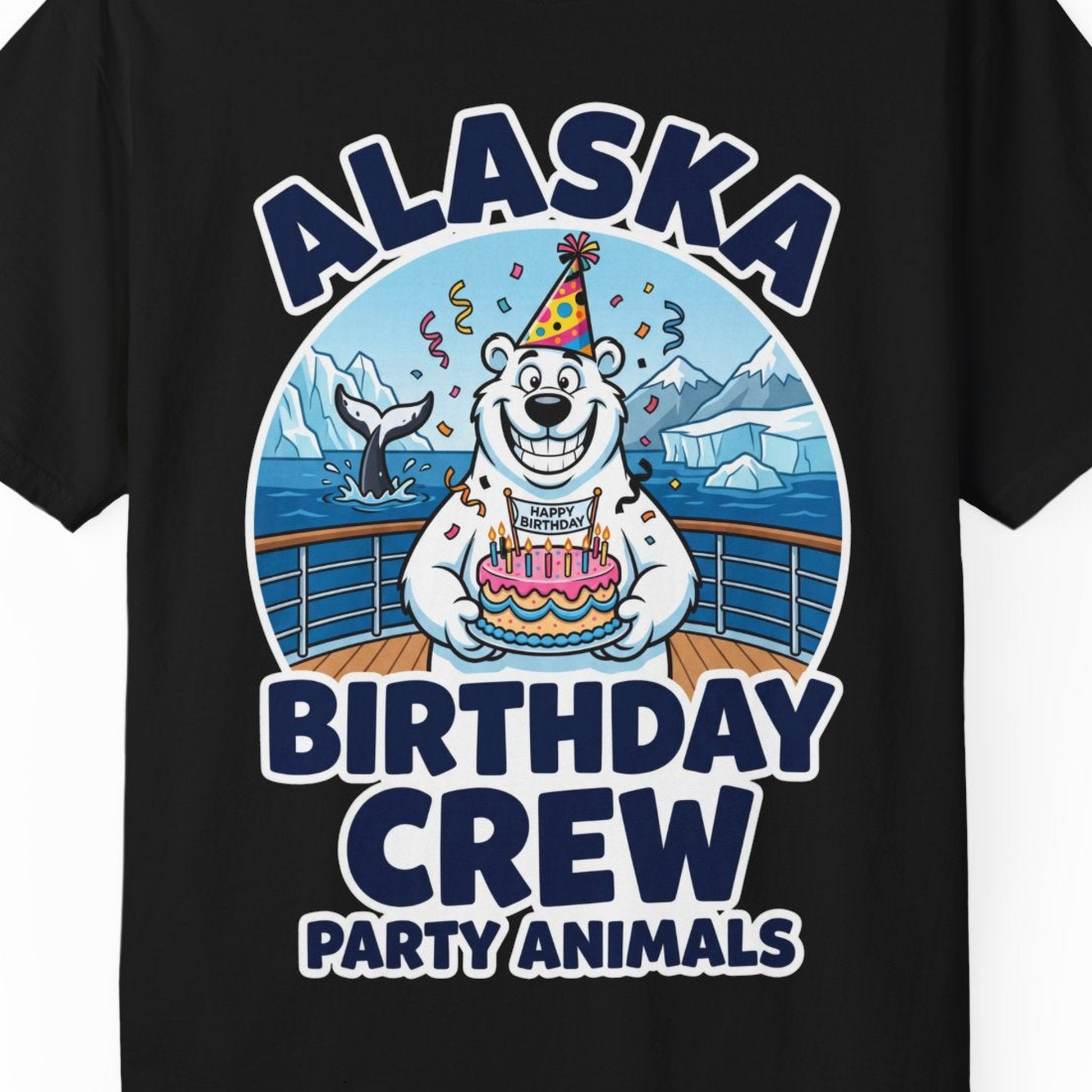 Alaska Birthday Crew Party Animals Polar Bear Cruise Shirt — Comfort T-Shirt – Black – Alaska Cruise Shirts Close Up