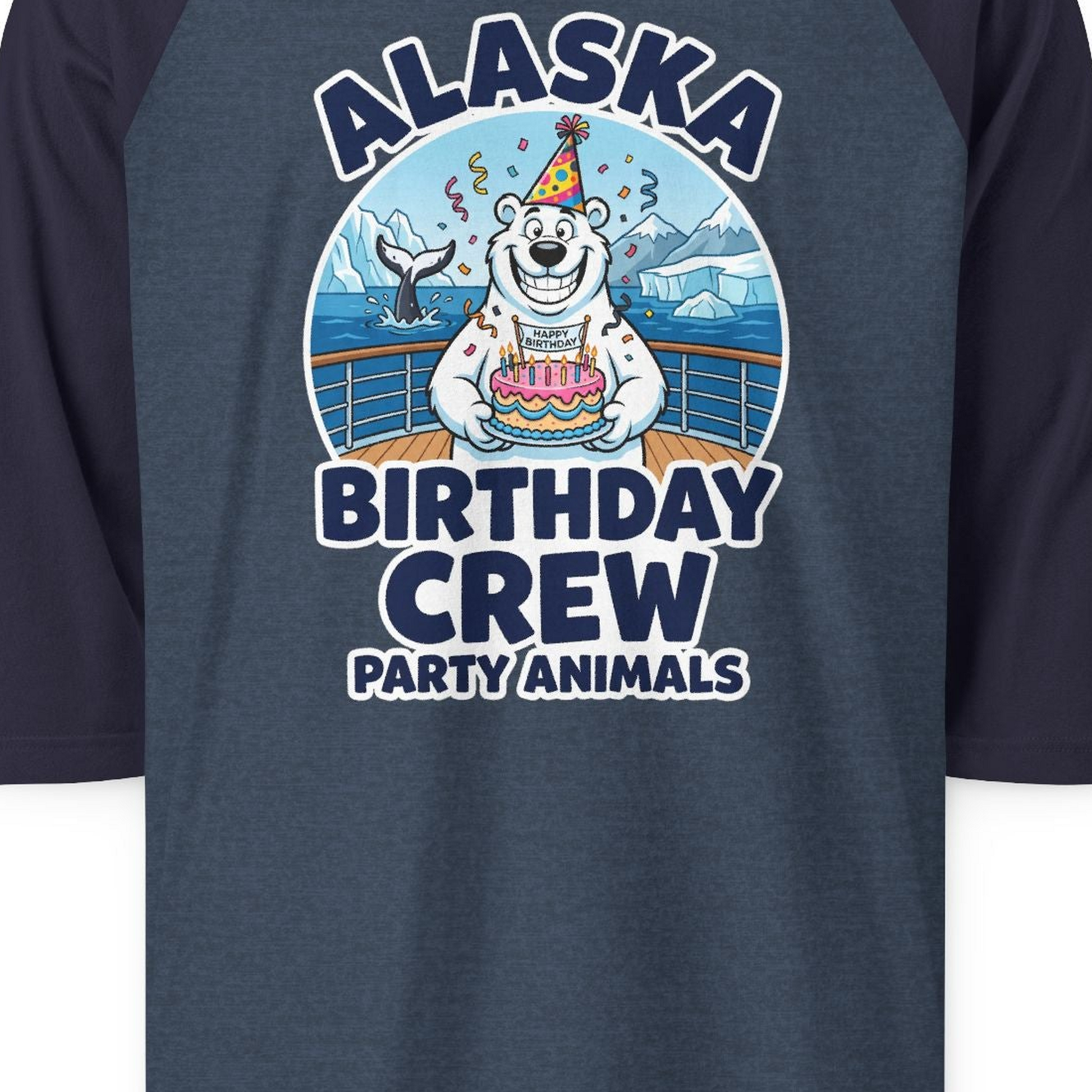 Alaska Birthday Crew Party Animals Polar Bear Cruise Shirt — 3/4 Sleeve T-Shirt – Heather Denim/Navy – Alaska Cruise Shirts Close Up