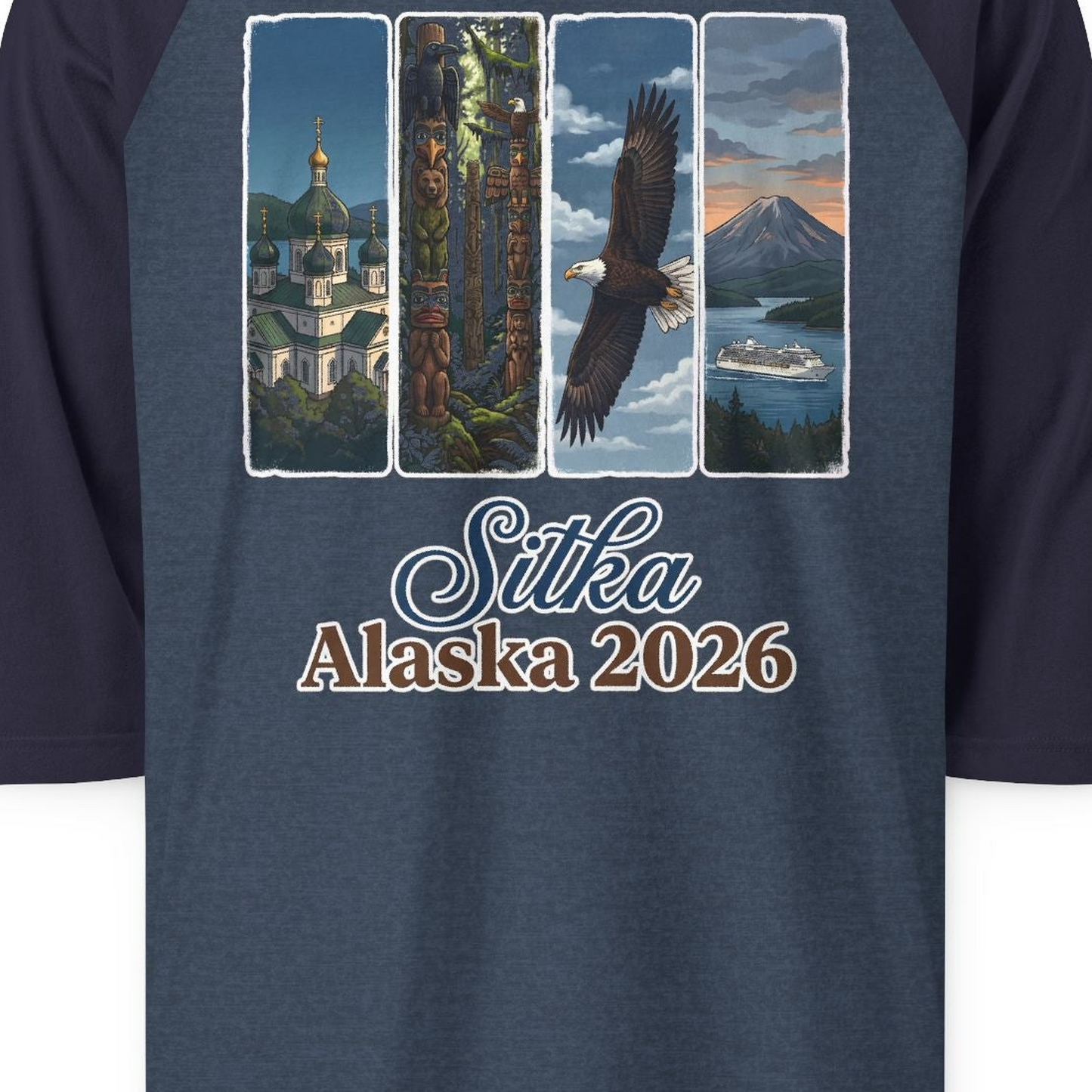 Sitka Alaska 2026 Cruise and Wildlife Souvenir Graphic Shirt — 3/4 Sleeve T-Shirt – Heather Denim/Navy – Alaska Cruise Shirts Close Up