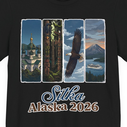 Sitka Alaska 2026 Cruise and Wildlife Souvenir Graphic Shirt — Premium Tee T-Shirt – Black – Alaska Cruise Shirts Close Up
