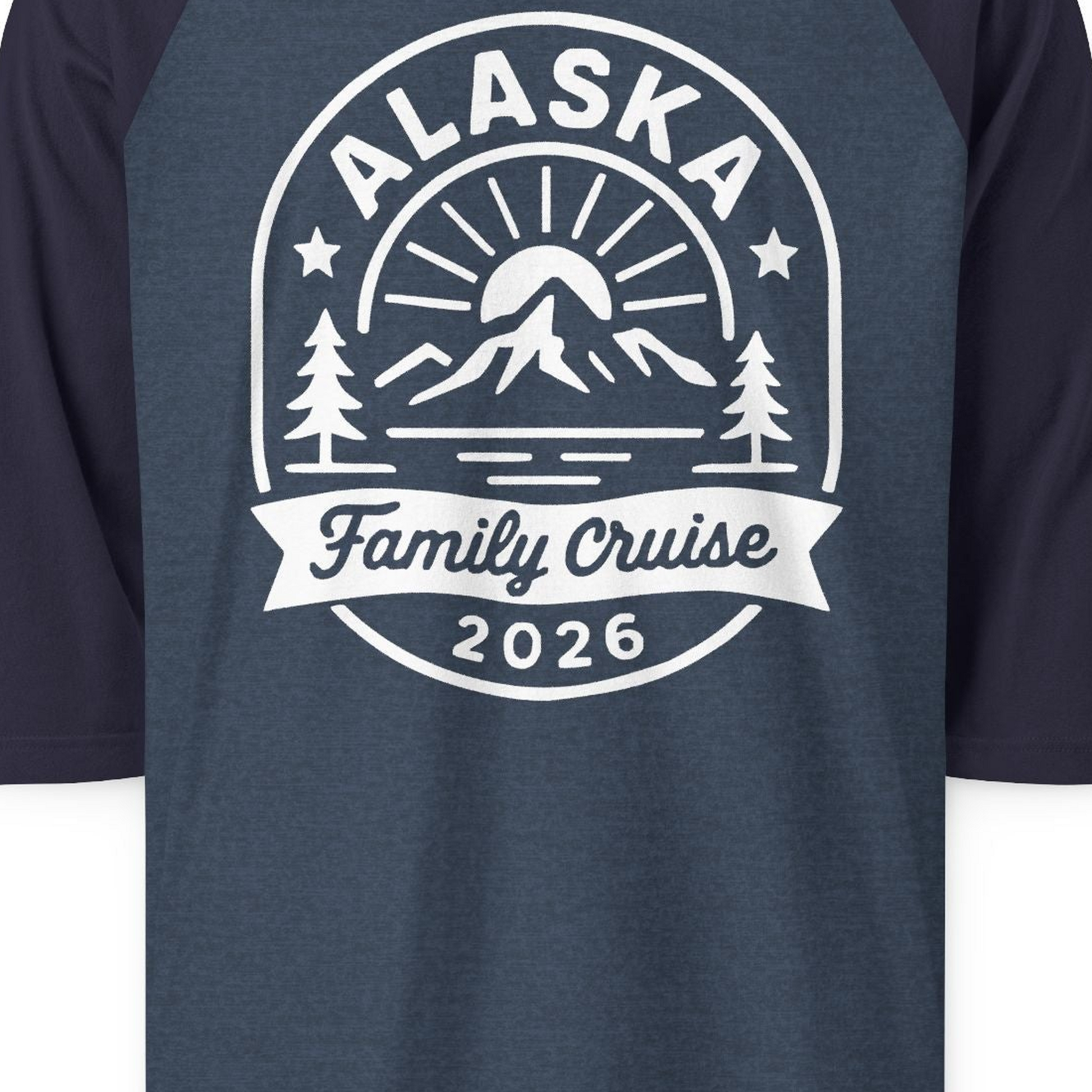 Alaska Family Cruise 2026 Mountain Nature Adventure Shirt — 3/4 Sleeve T-Shirt – Heather Denim/Navy – Alaska Cruise Shirts Close Up