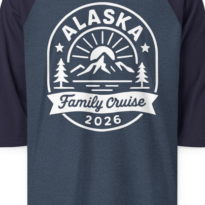 Alaska Family Cruise 2026 Mountain Nature Adventure Shirt — 3/4 Sleeve T-Shirt – Heather Denim/Navy – Alaska Cruise Shirts Close Up