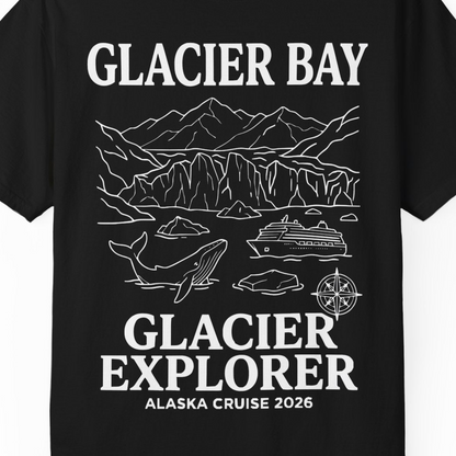 Glacier Bay Alaska Cruise 2026 Glacier Explorer Souvenir Shirt — Comfort T-Shirt – Black – Alaska Cruise Shirts Close Up