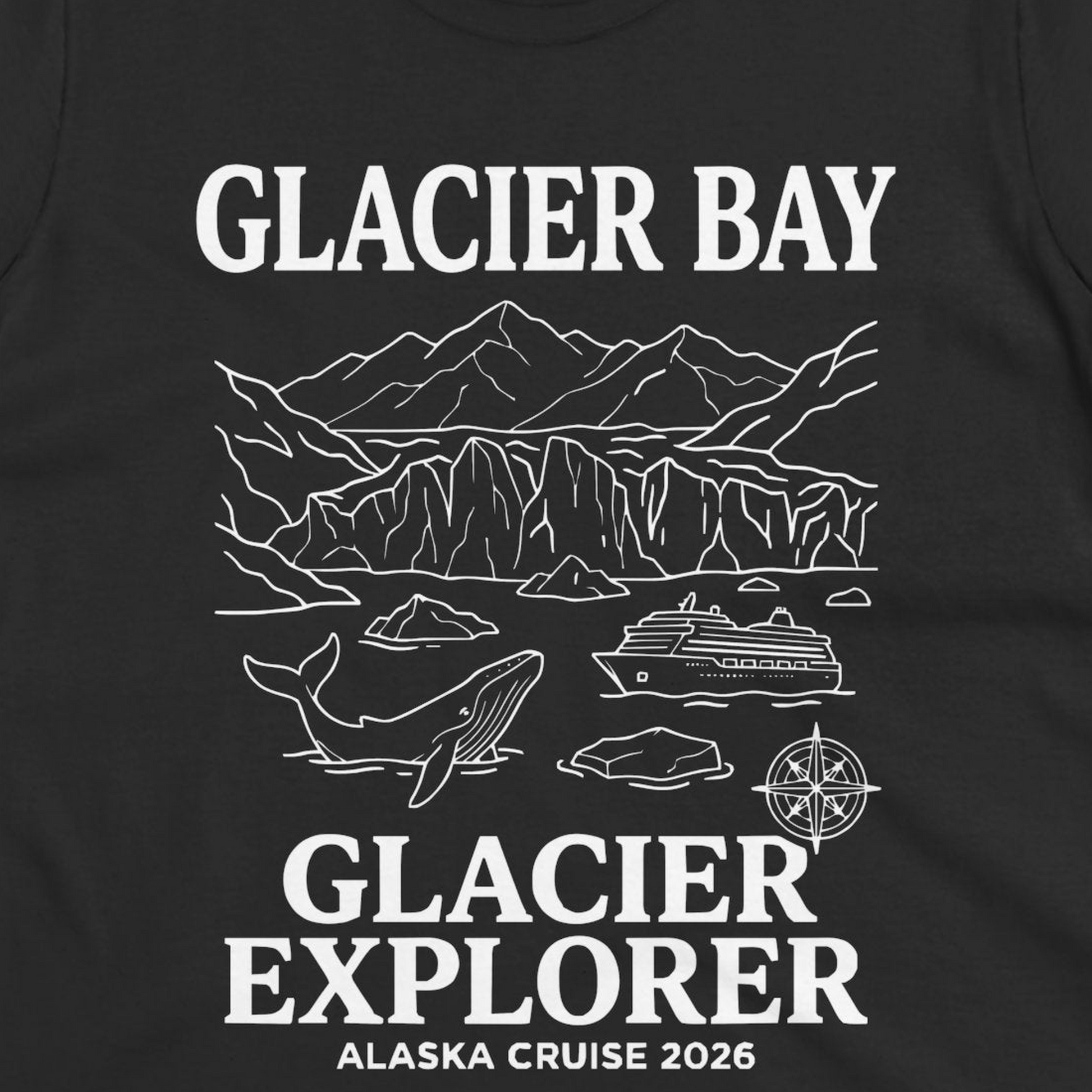 Glacier Bay Alaska Cruise 2026 Glacier Explorer Souvenir Shirt — Ladies Tee T-Shirt – Black – Alaska Cruise Shirts Close Up