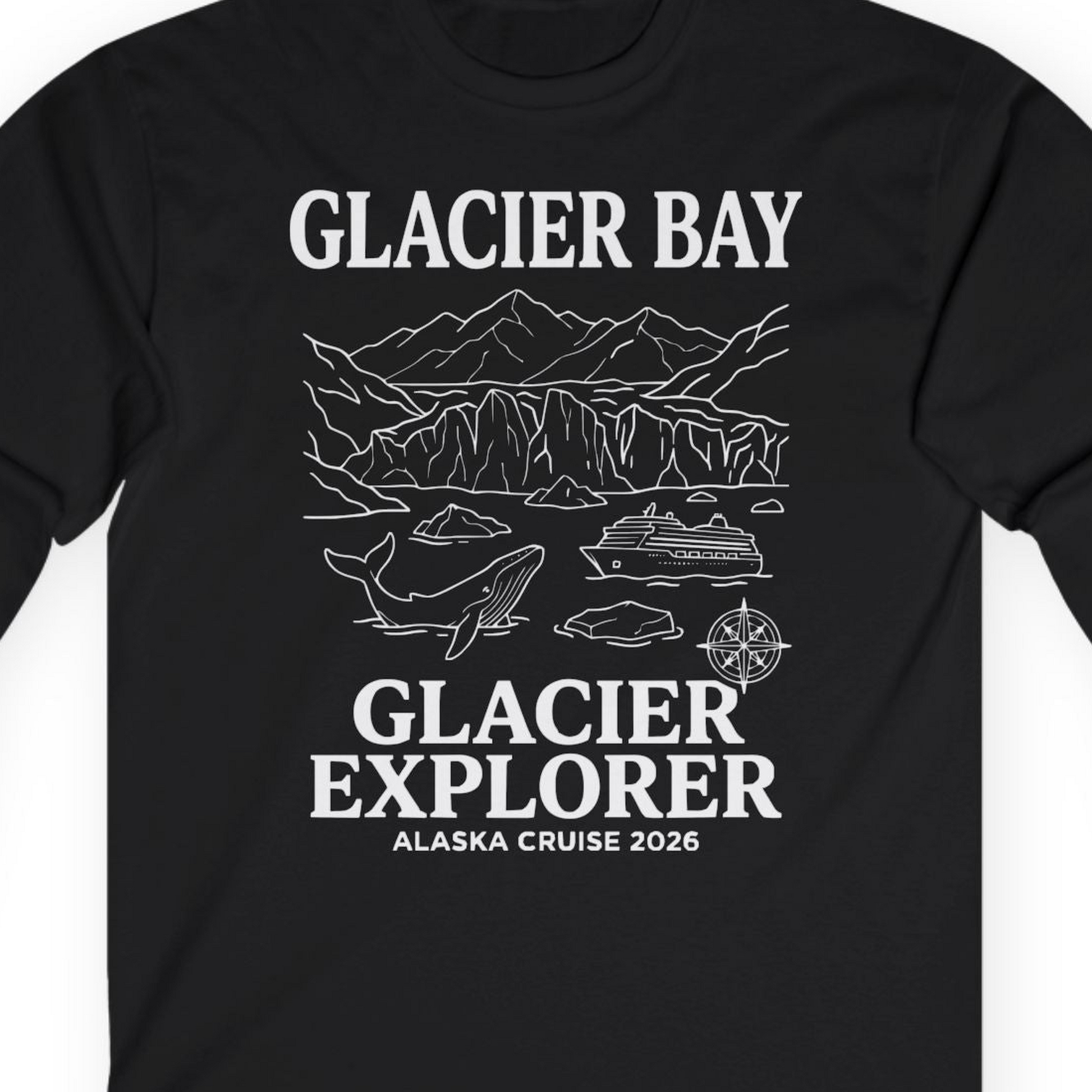 Glacier Bay Alaska Cruise 2026 Glacier Explorer Souvenir Shirt — Long Sleeve T-Shirt – Black – Alaska Cruise Shirts Close Up