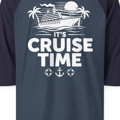 It’s Cruise Time Bold Nautical Vacation Shirt for Cruise Enthusiasts — 3/4 Sleeve T-Shirt – Heather Denim/Navy – Alaska Cruise Shirts Close Up