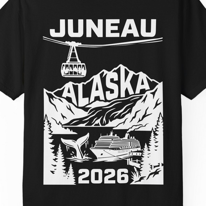 Juneau Alaska Cruise 2026 Scenic Whale and Cable Car Shirt — Comfort T-Shirt – Black – Alaska Cruise Shirts Close Up