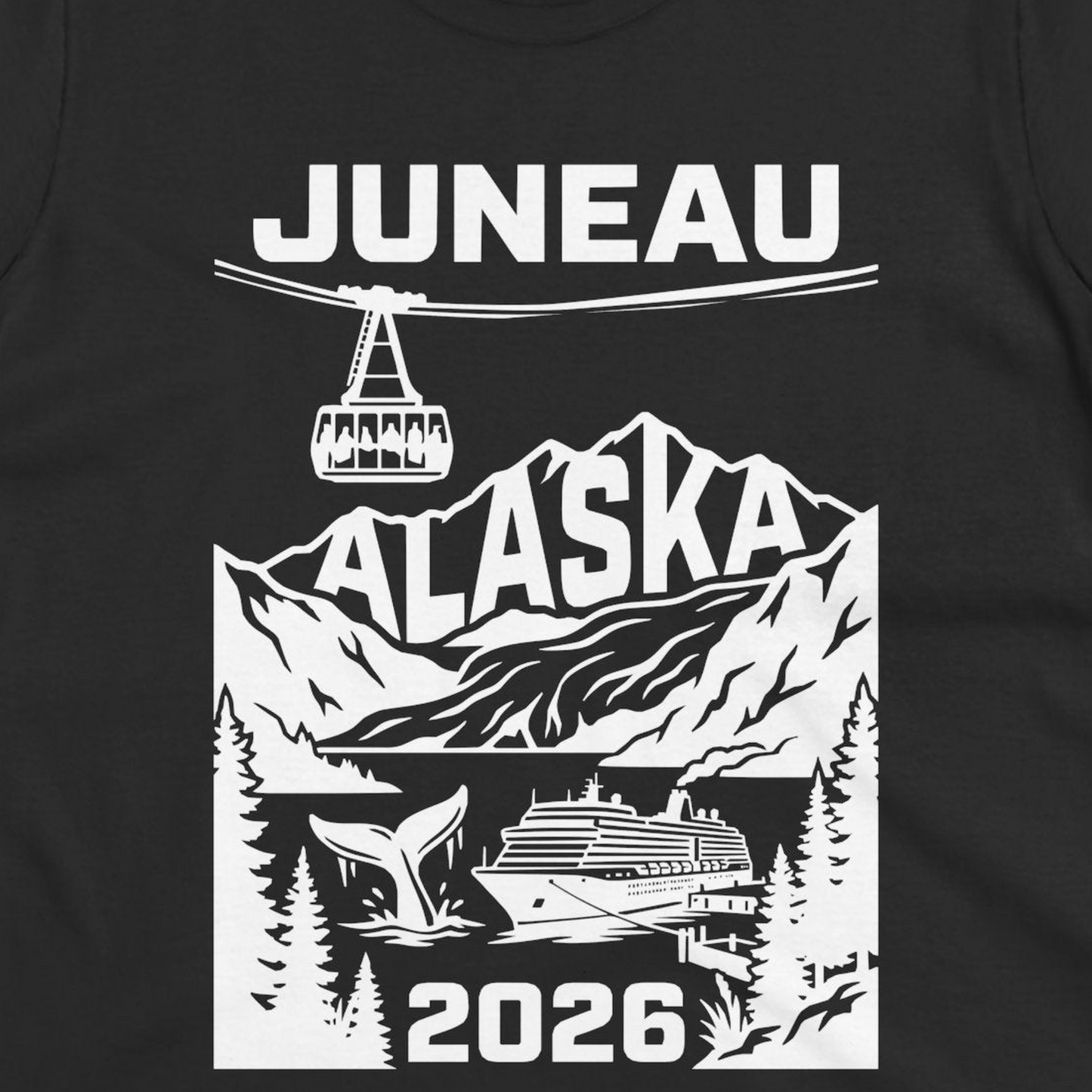 Juneau Alaska Cruise 2026 Scenic Whale and Cable Car Shirt — Ladies Tee T-Shirt – Black – Alaska Cruise Shirts Close Up