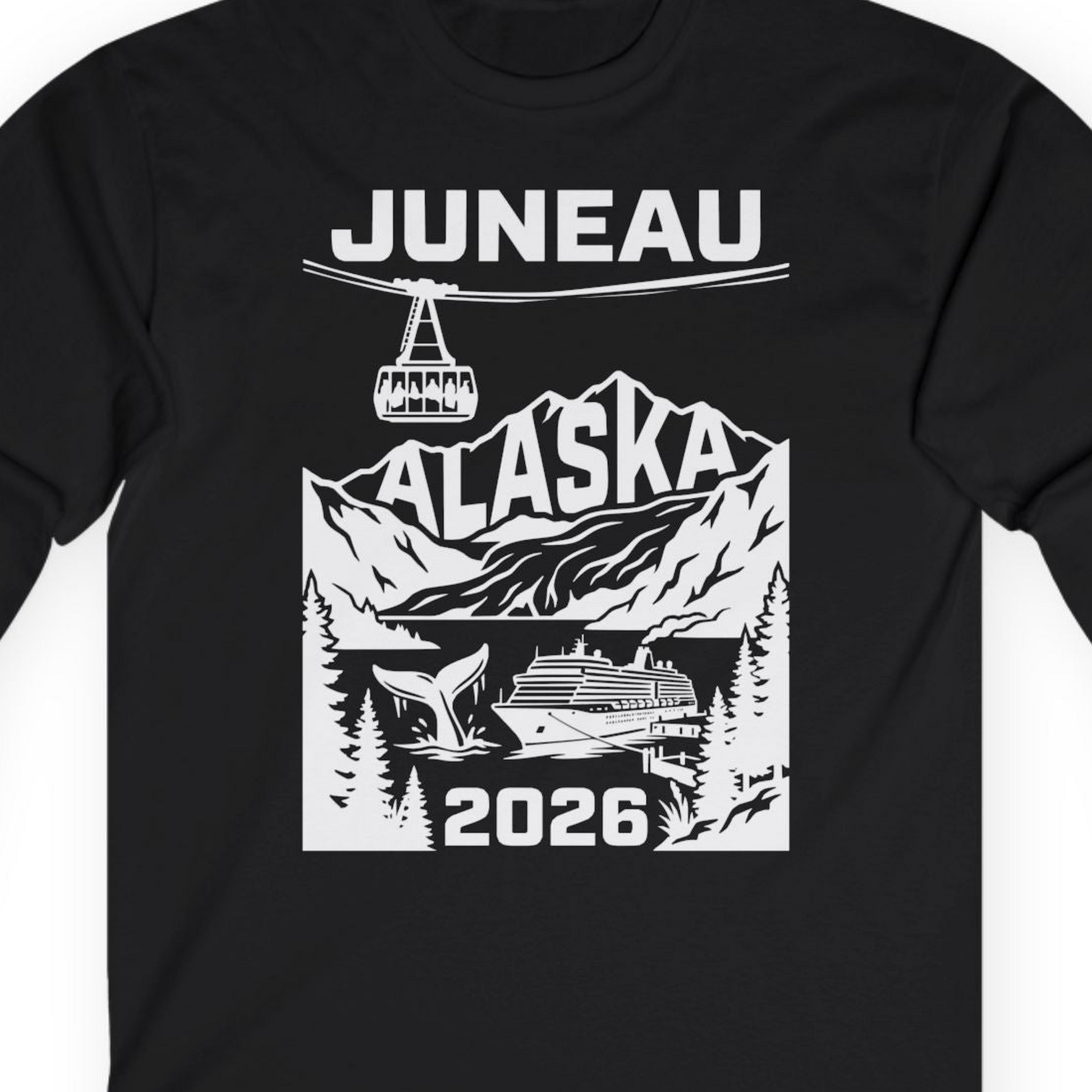 Juneau Alaska Cruise 2026 Scenic Whale and Cable Car Shirt — Long Sleeve T-Shirt – Black – Alaska Cruise Shirts Close Up