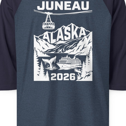 Juneau Alaska Cruise 2026 Scenic Whale and Cable Car Shirt — 3/4 Sleeve T-Shirt – Heather Denim/Navy – Alaska Cruise Shirts Close Up